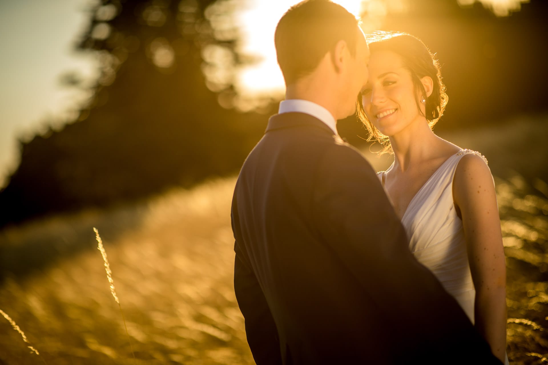 wedding couple perfect sunset in long grass