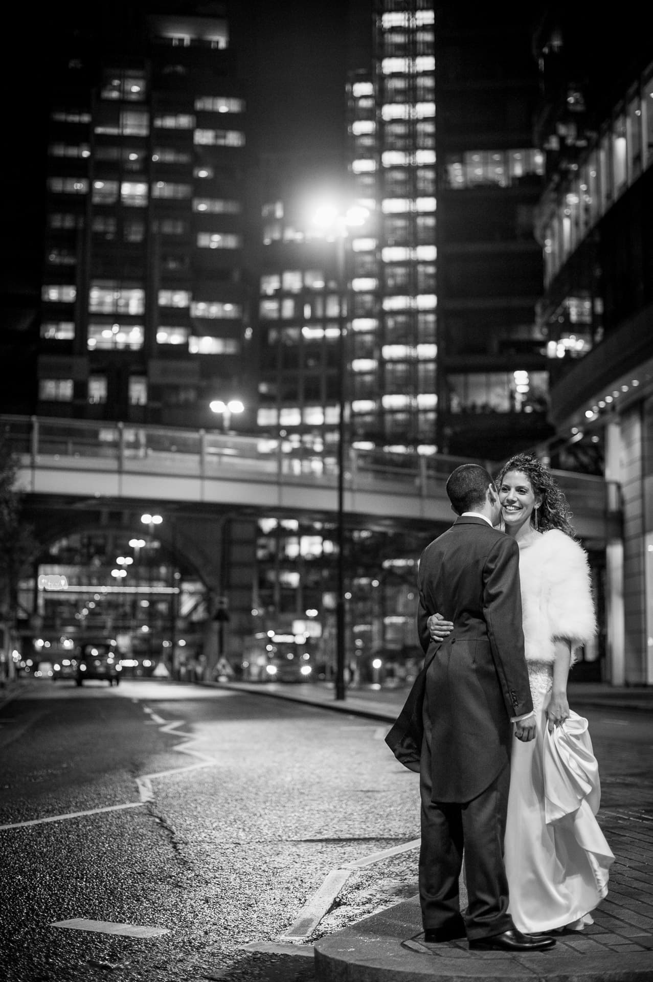London winter wedding photo in black and white