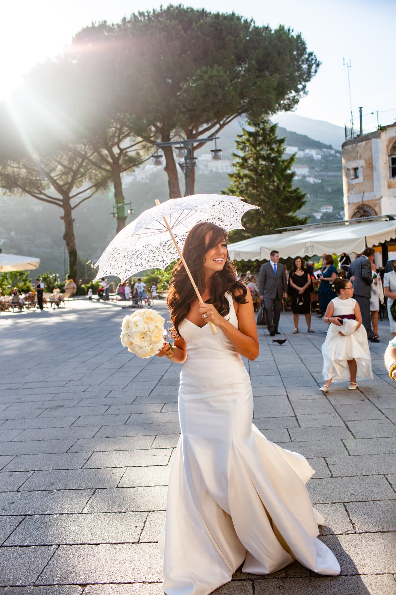 bride walking in Ravello square