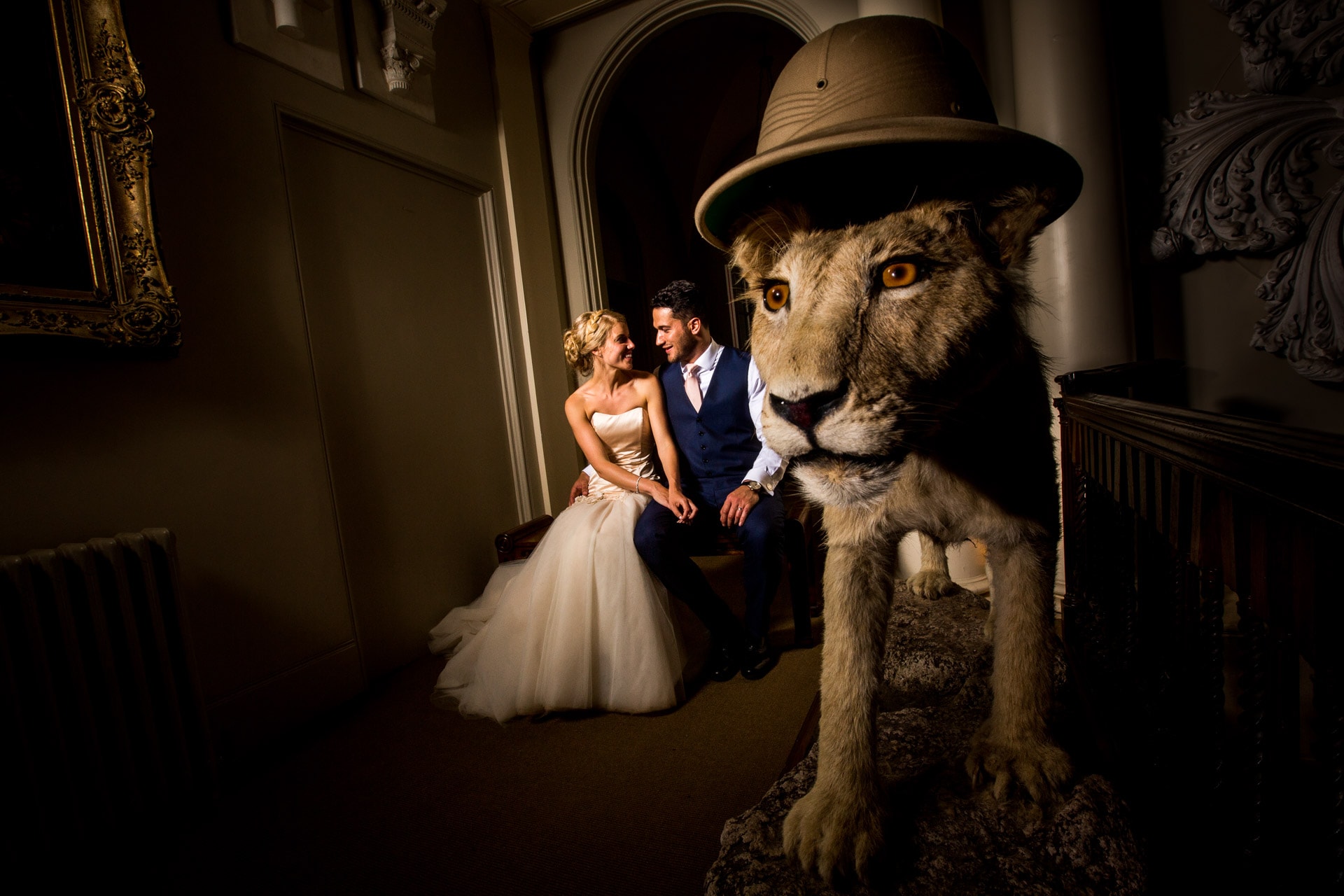 quirky Aynhoe Park wedding pictures with Lion