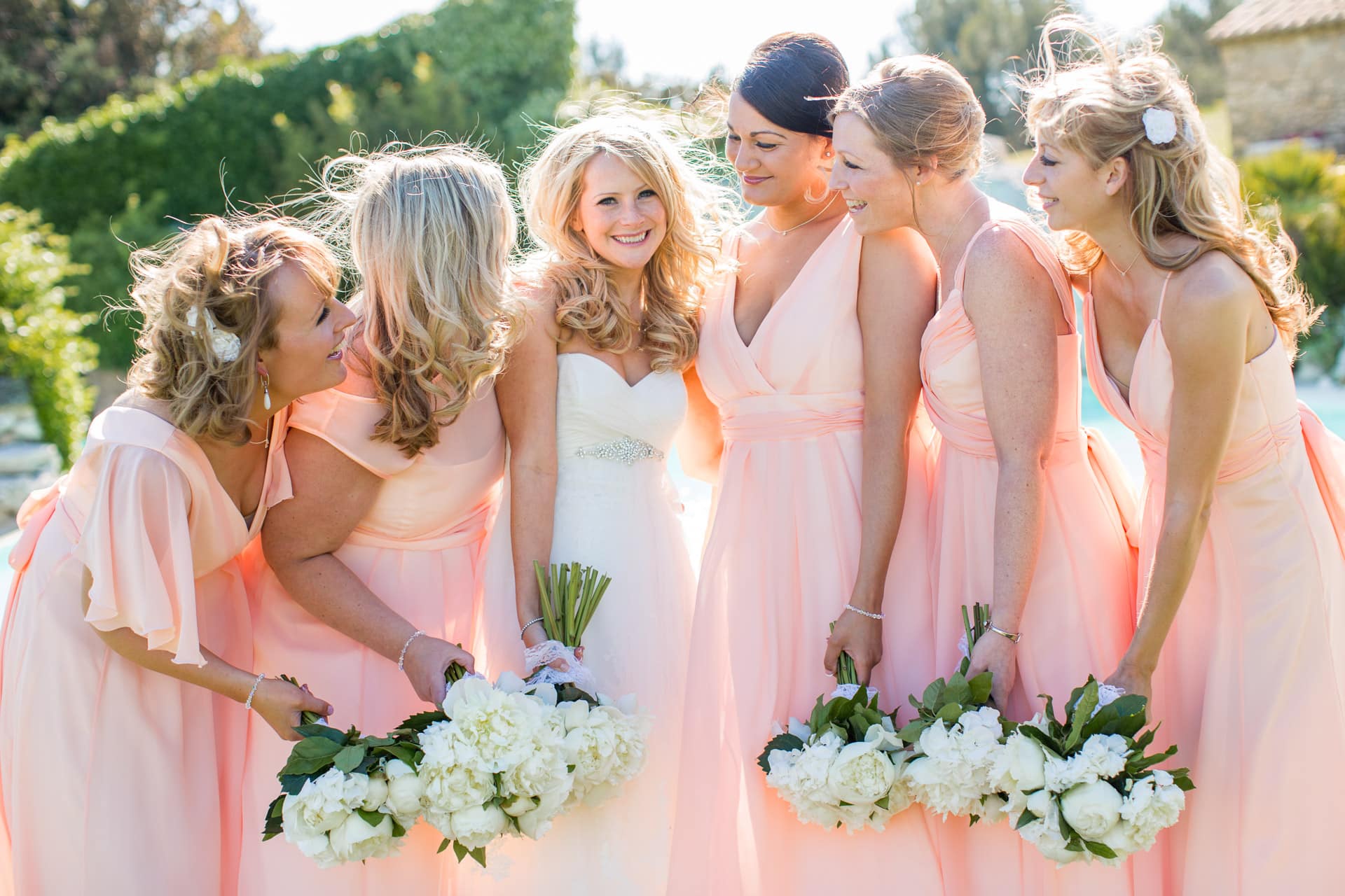 bridesmaids in peach dresses