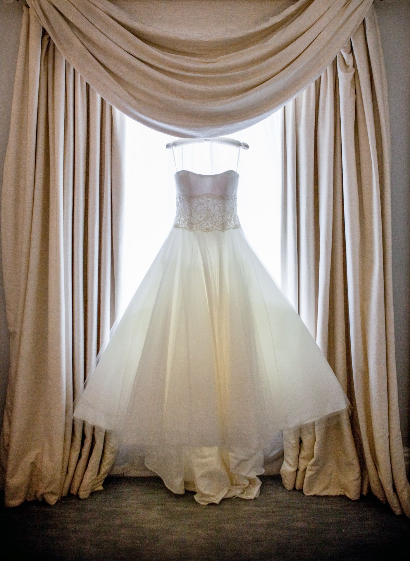 Stunning bridal gown in window
