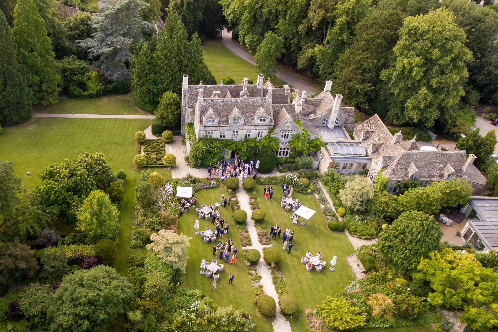 Barnsley House wedding drone aerial view