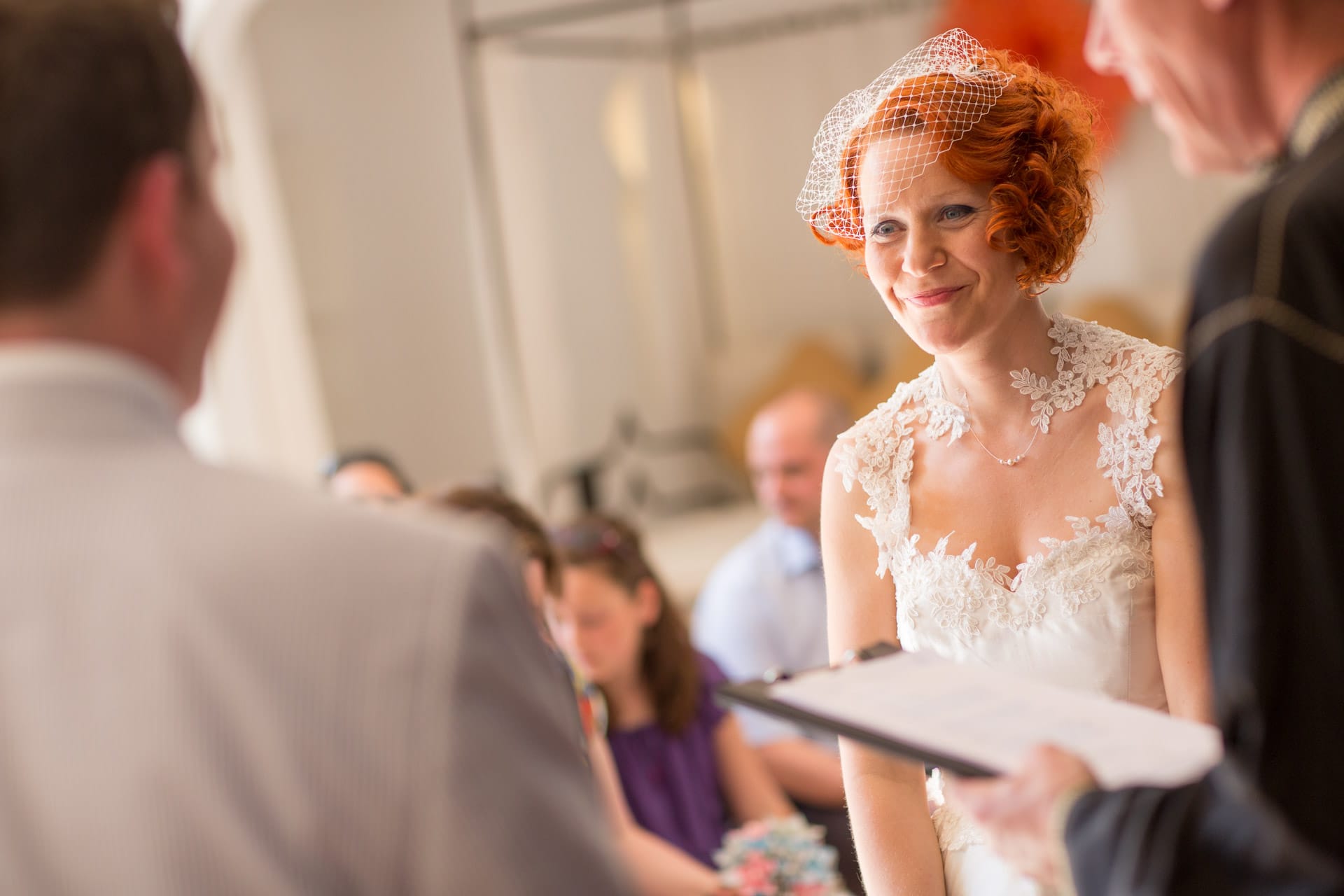 redhead bride with hairnet