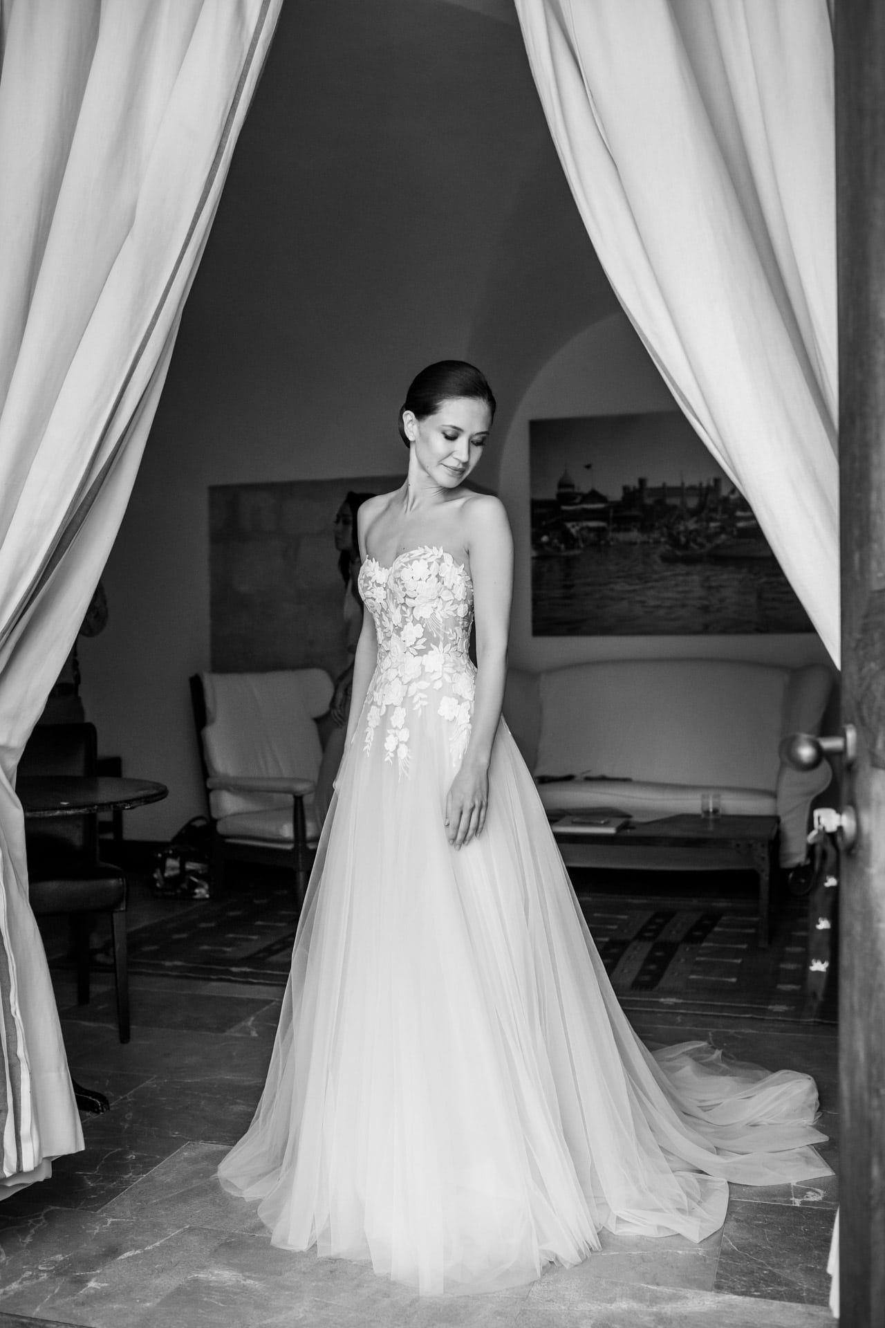 tall thin bride in sheer dress