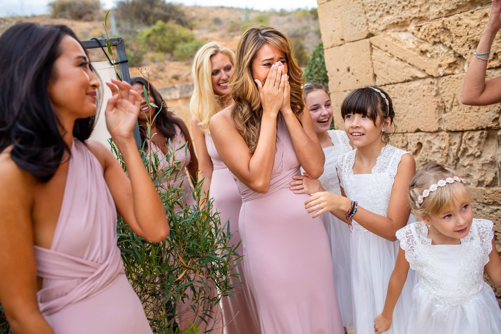 bridesmaid crying seeing dress for first time
