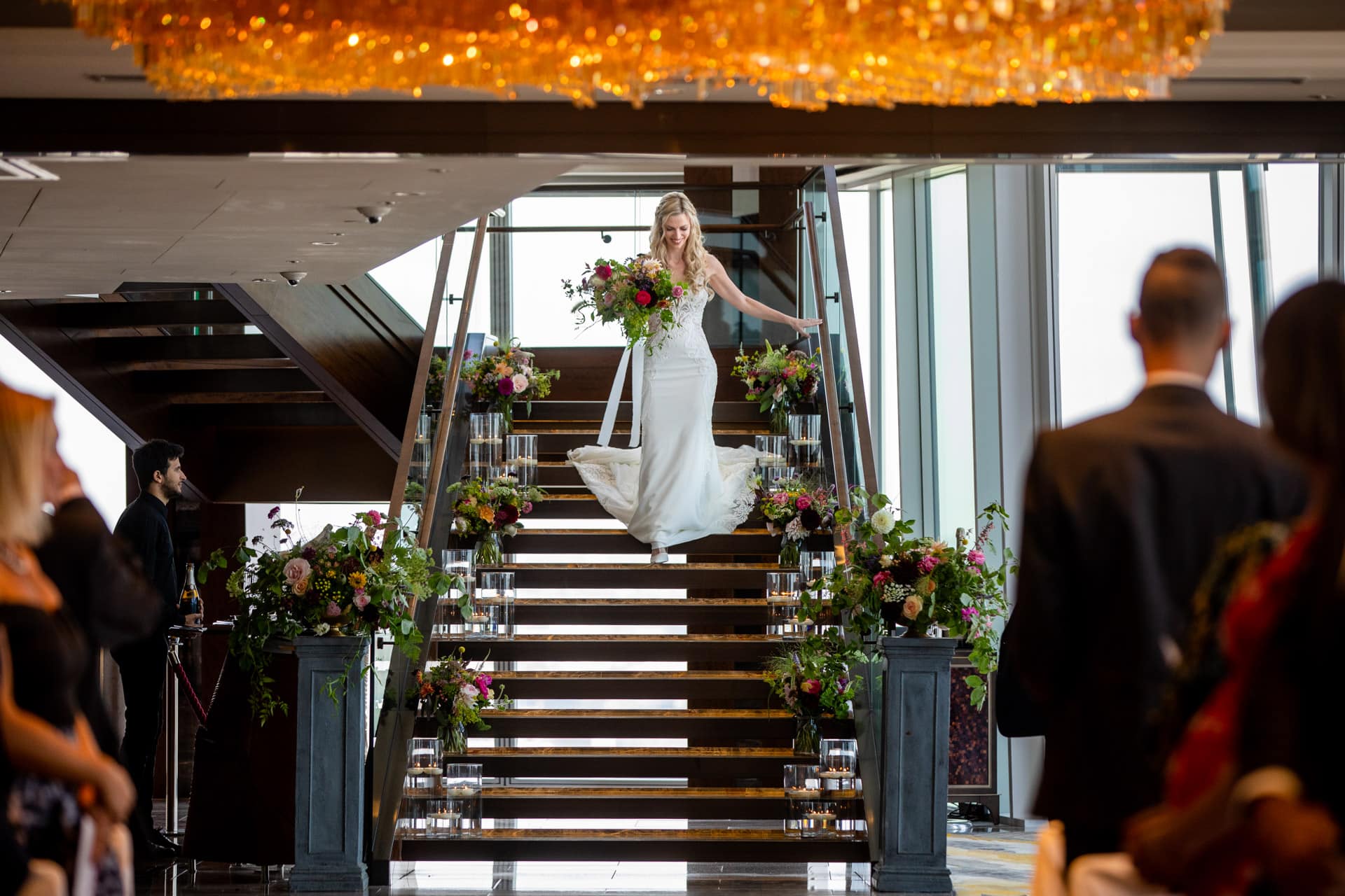 bride walking down the stairs at The Shard